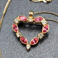 Pink Crystal Heart Brooch Pendant Gold tone 18" Chain