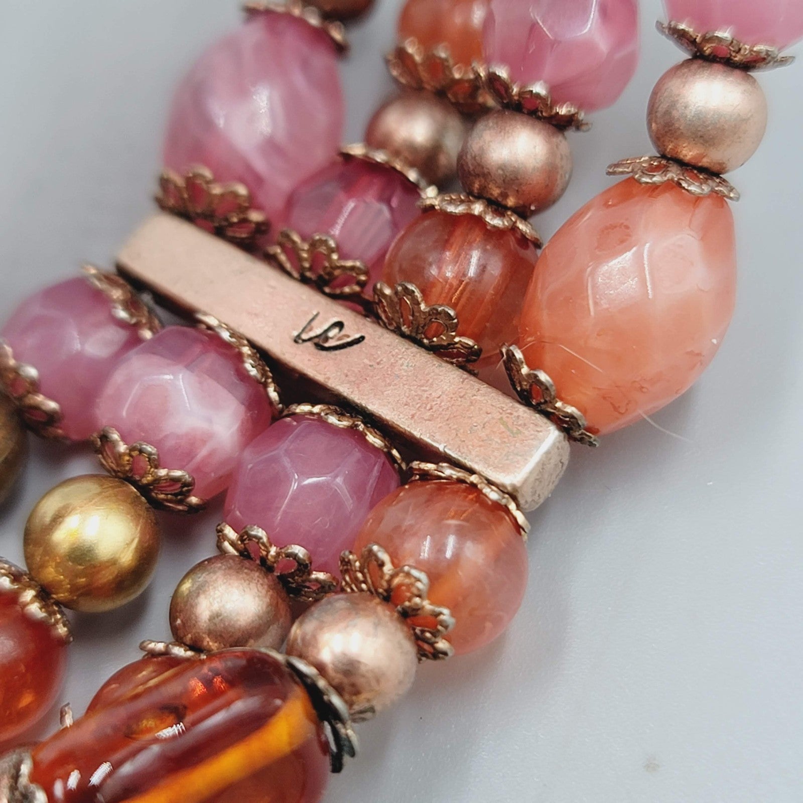 Liz Claiborne Glass Bead Bracelet Pink Orange Elastic Triple Strand 7"