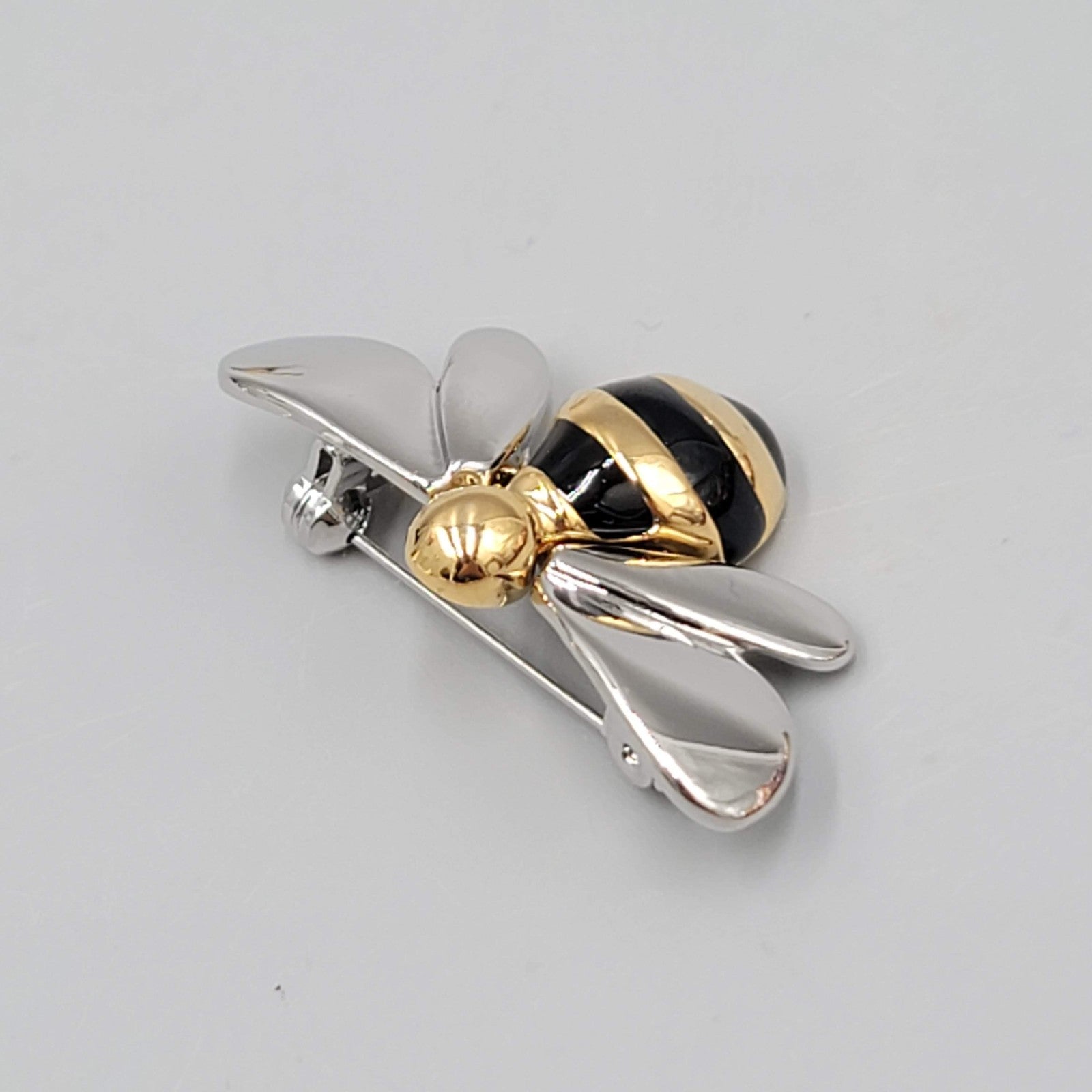 Vintage Bee Brooch Gold and Silver toen Black Enamel High Polish 1 5/8"