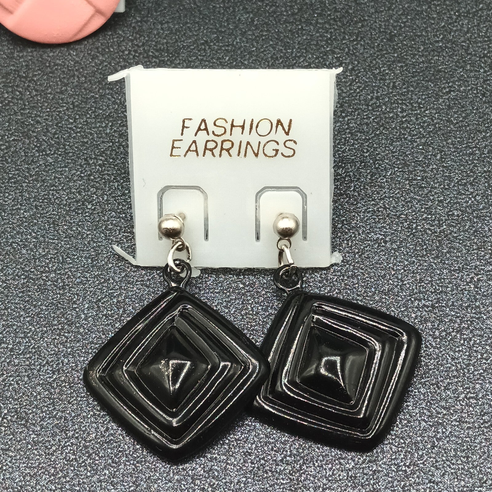 3 Pairs Vintage Pierced Earrings Pink Black Enamel Statement Dangle 80s NOS