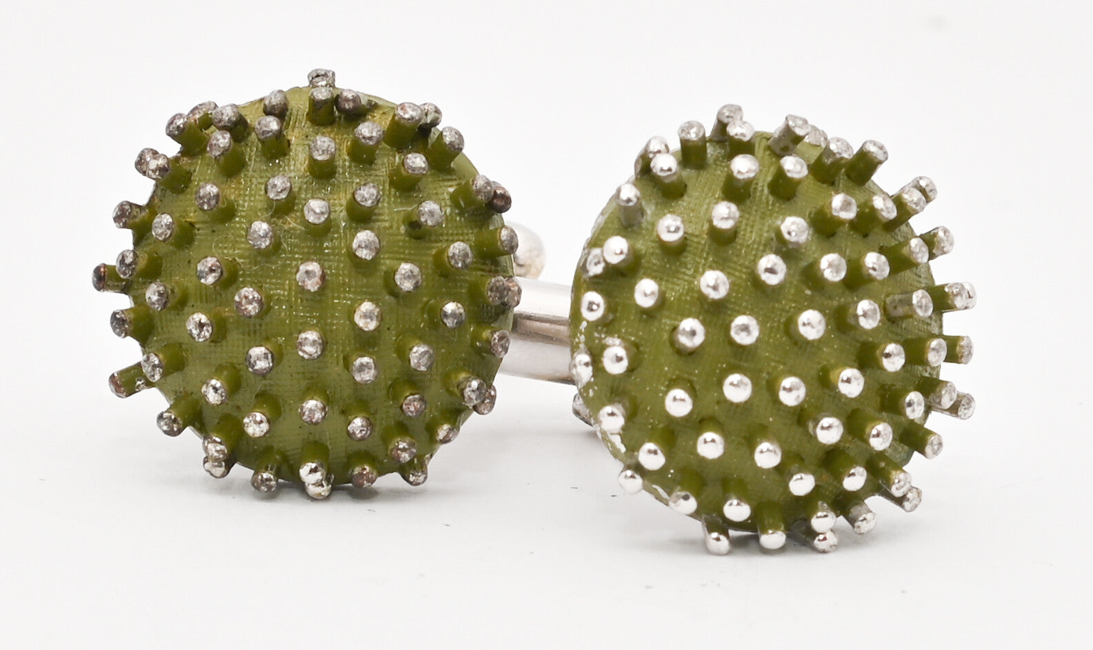 Vtg Cufflinks Dante Continental Silver Tone Green Spiky Mens Flip Backing Casual