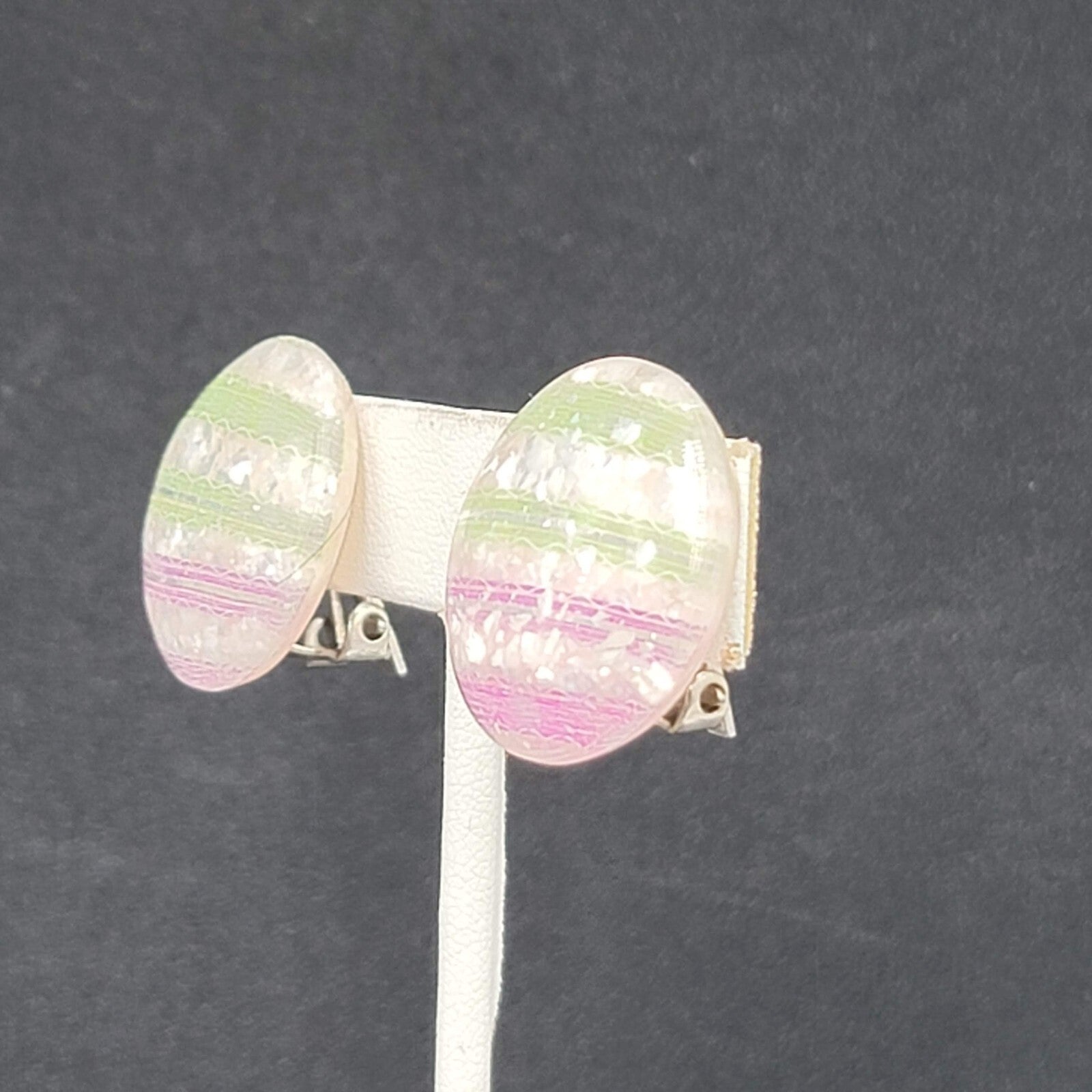 Vintage Clip on Earrings Purple Green White Lucite Round Button Studs 1"