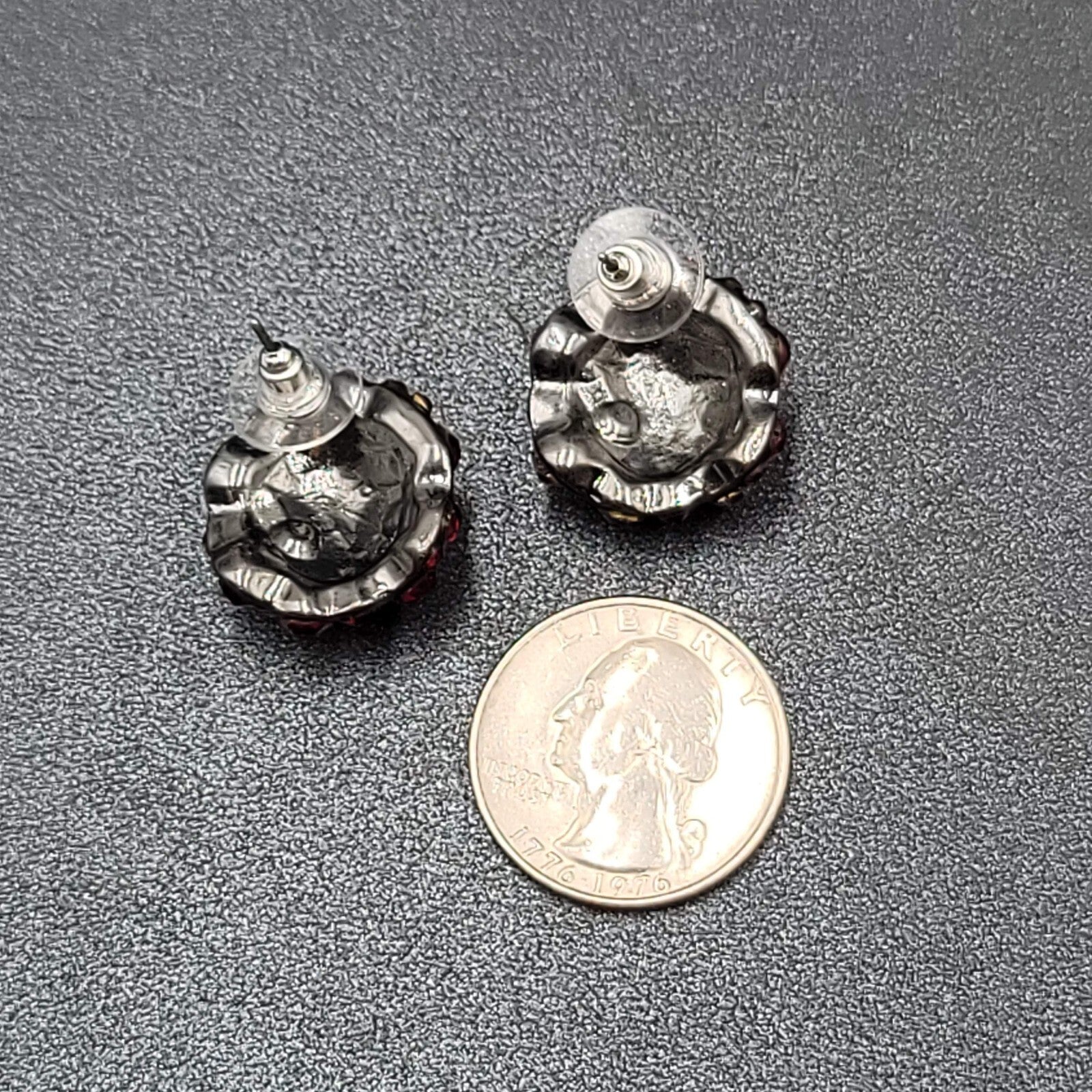 Pierced Earrings Dark Gray Metal Red Rhinestone Dome Drop Studs 3/4"