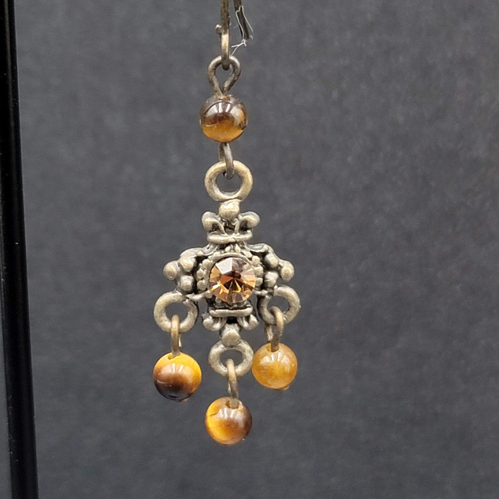 Pierced Earrings Bronze tone Tigers Eye Bead Orange Rhinestone Dangle 1.25"
