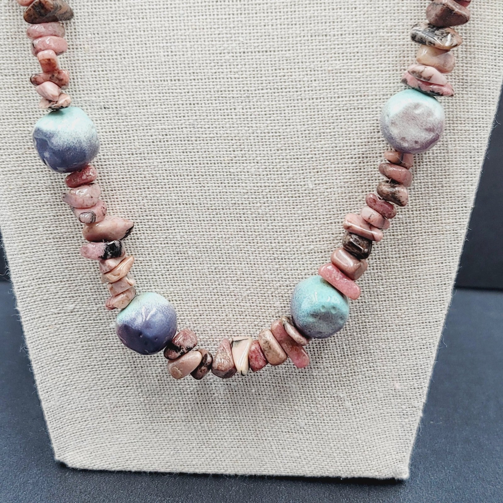 Pink Agate Stone and Pottery Art Bead Necklace 26" Barrel Clasp Artisan