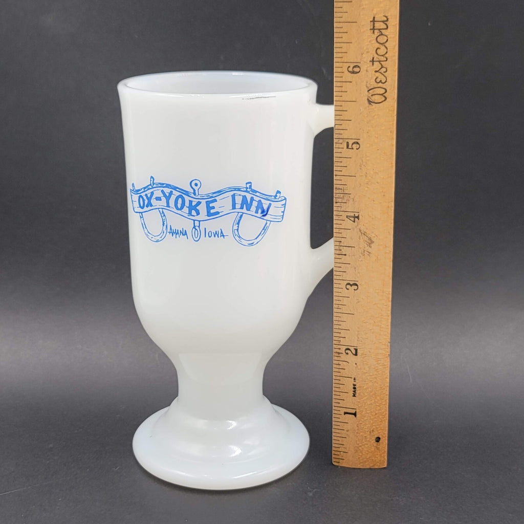 Ox Yoke Inn Amana Iowa Vintage Coffee Mug Milk Glass Blue Lettering