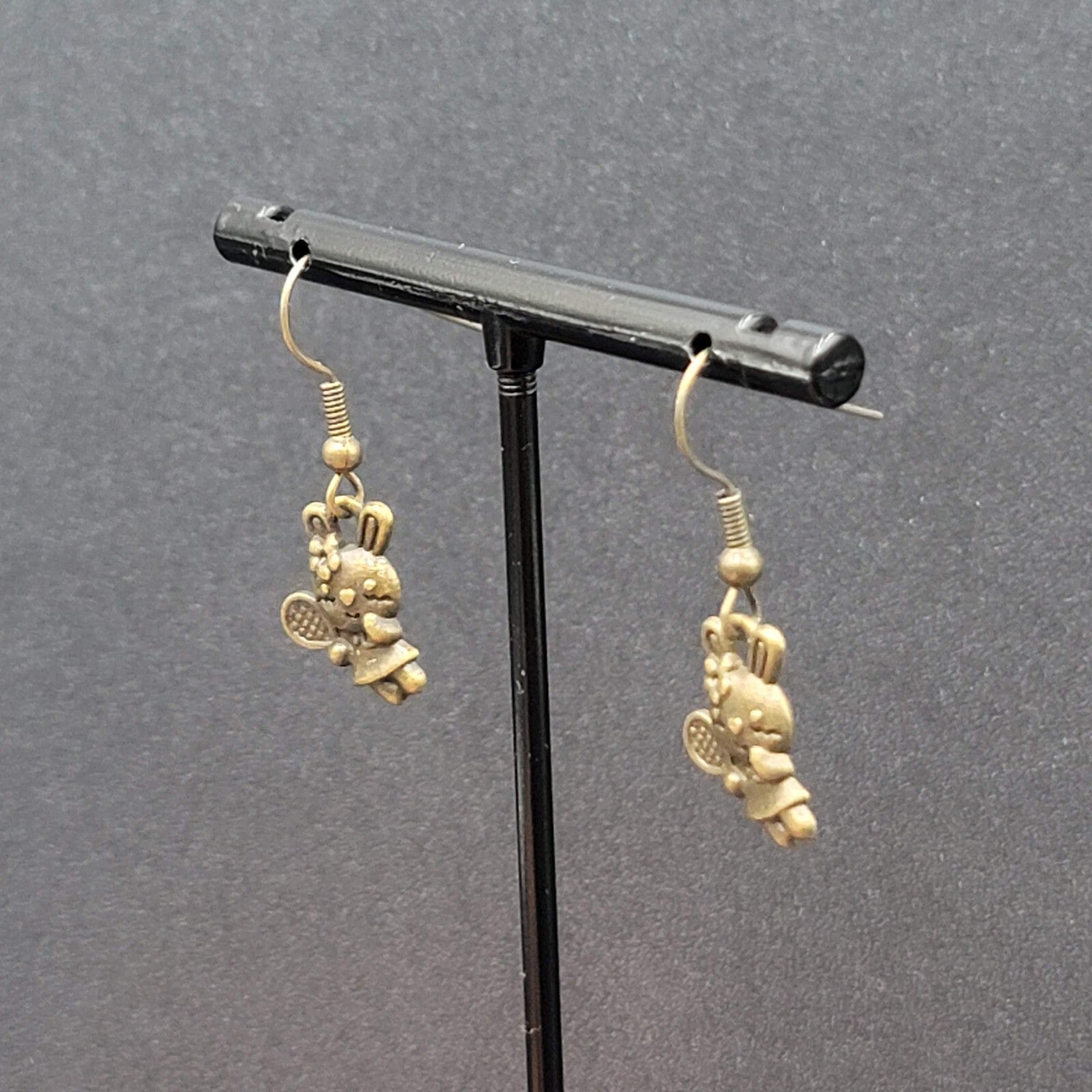 New Pierced Earrings Bronze tone Bunny Rabbit Tennis Dangle 5/8"