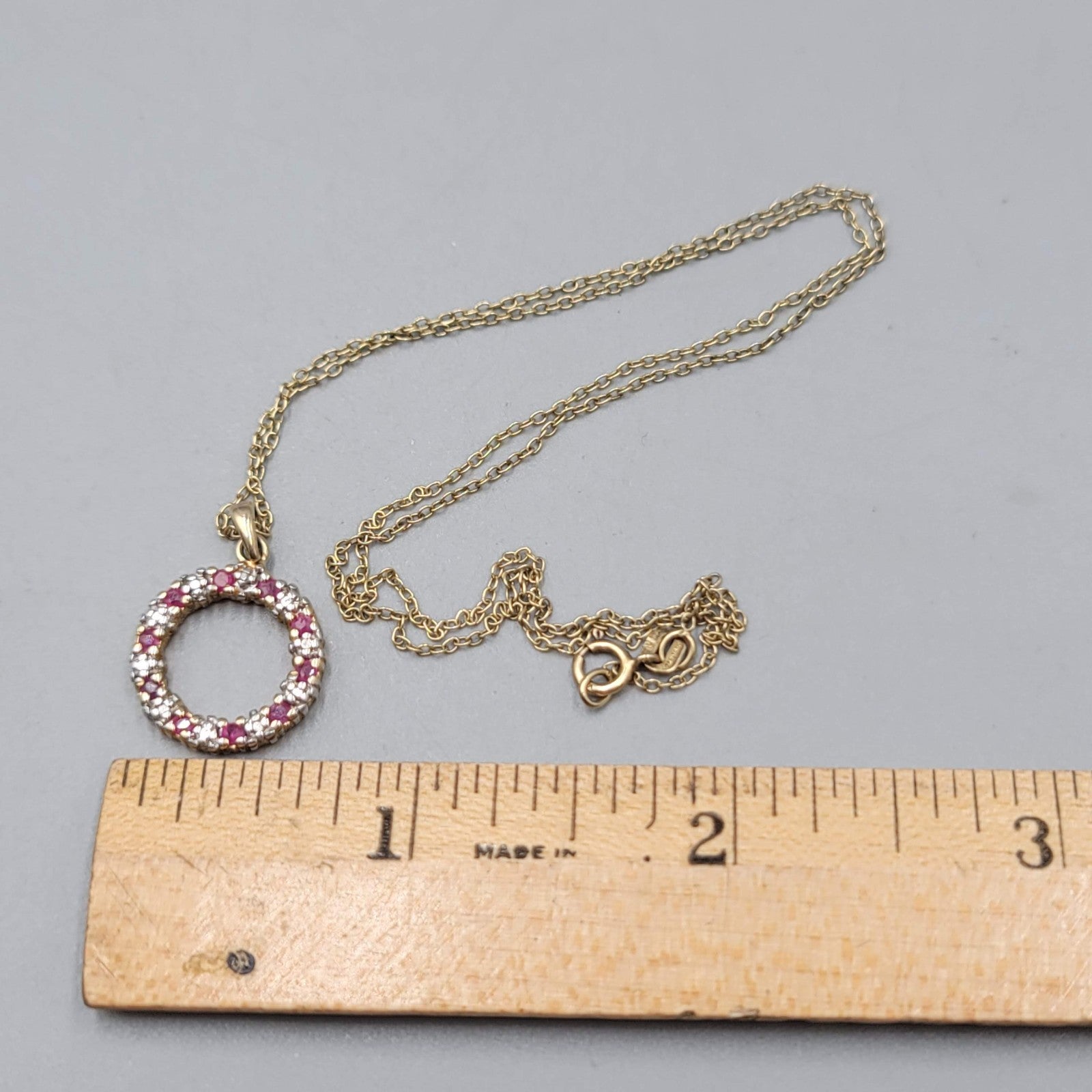 Gold Plated Sterling Silver Open Circle Pendant Diamond Ruby Chips Necklace 18"