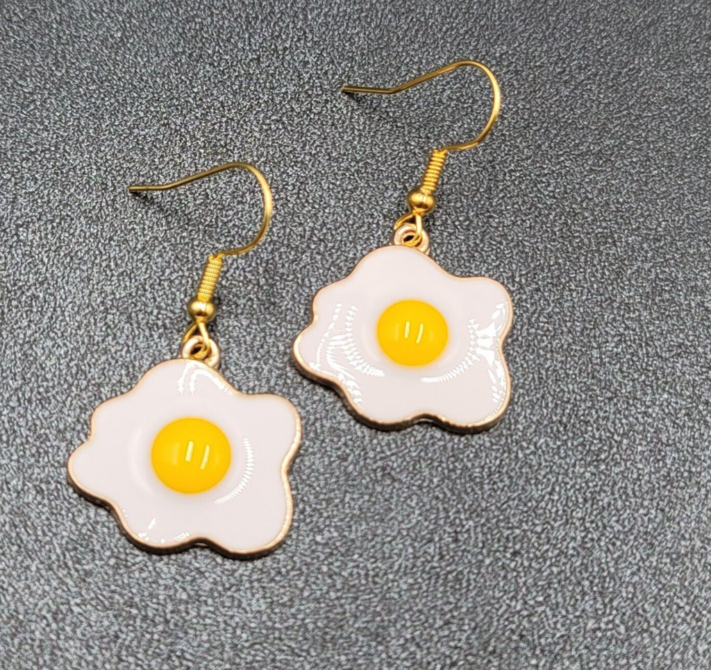 Pierced Earrings Enamel over Metal Gold tone Fried Egg 7/8"