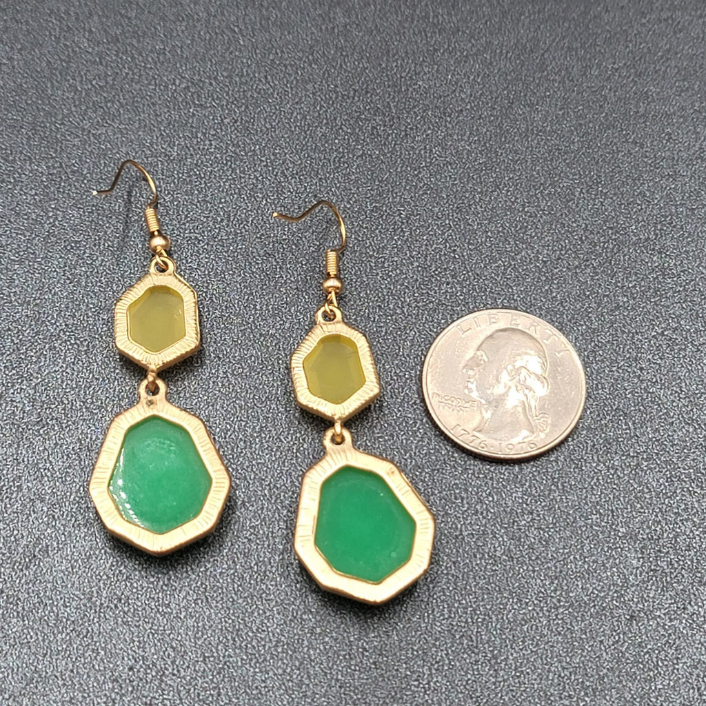Pierced Earrings Gold tone Green Yellow Acrylic Dangle 1.75"