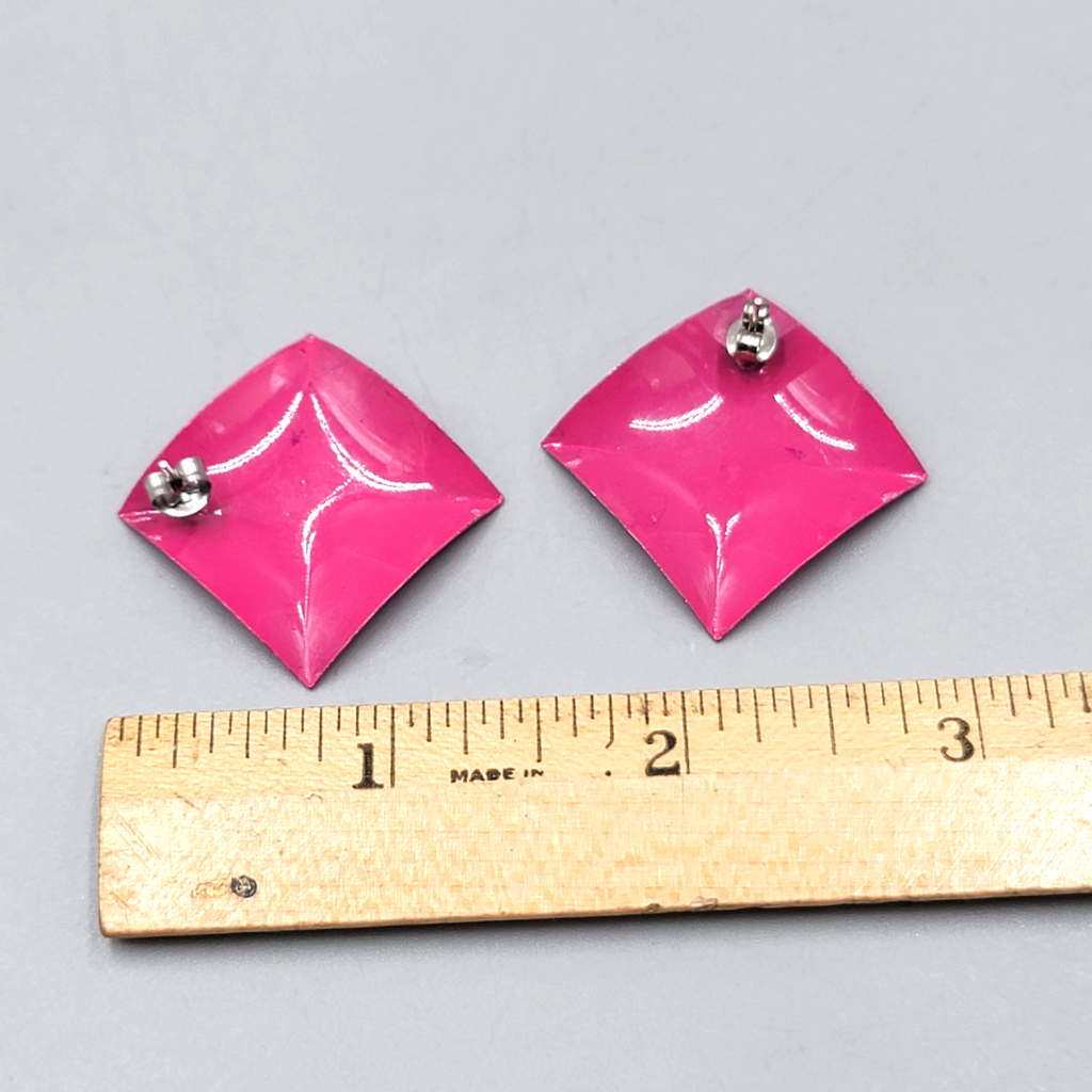 Vintage Hot Pink Enamel Square Pierced Earrings Drop 1.25 in