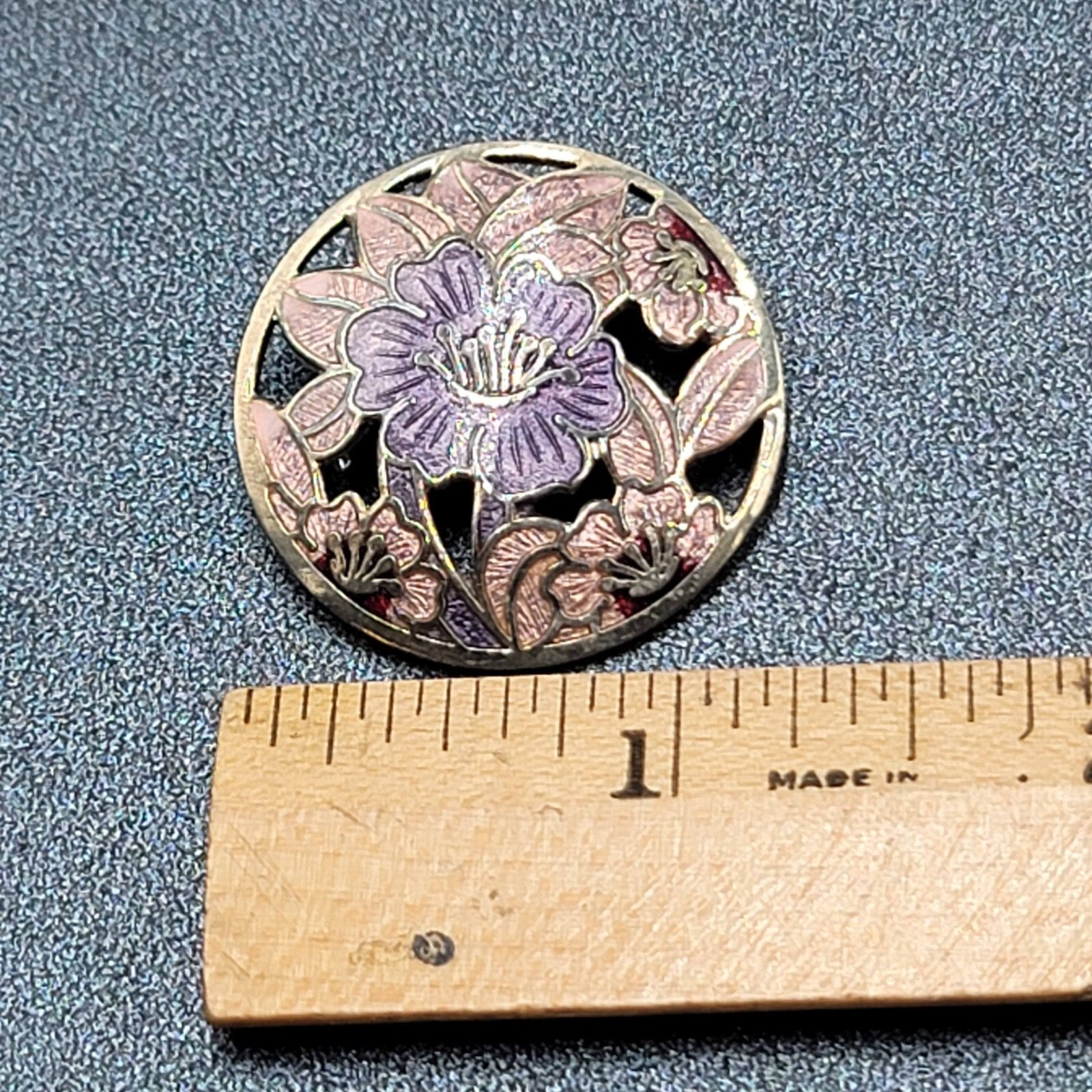 Vintage Cloisonne Brooch Silver tone Round Enamel Iris Flower 1.25"