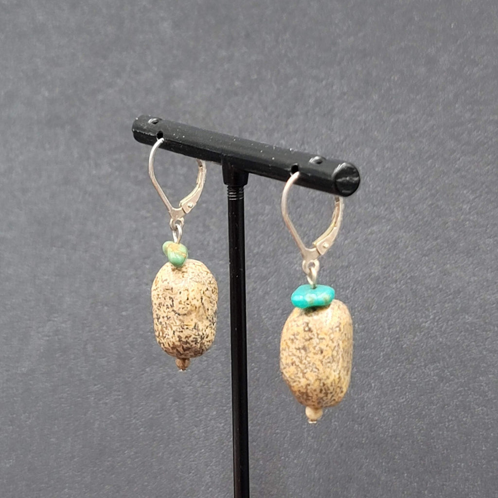 Pierced Earrings Turquoise Brown Speckled Stone Bead Dangle 1"