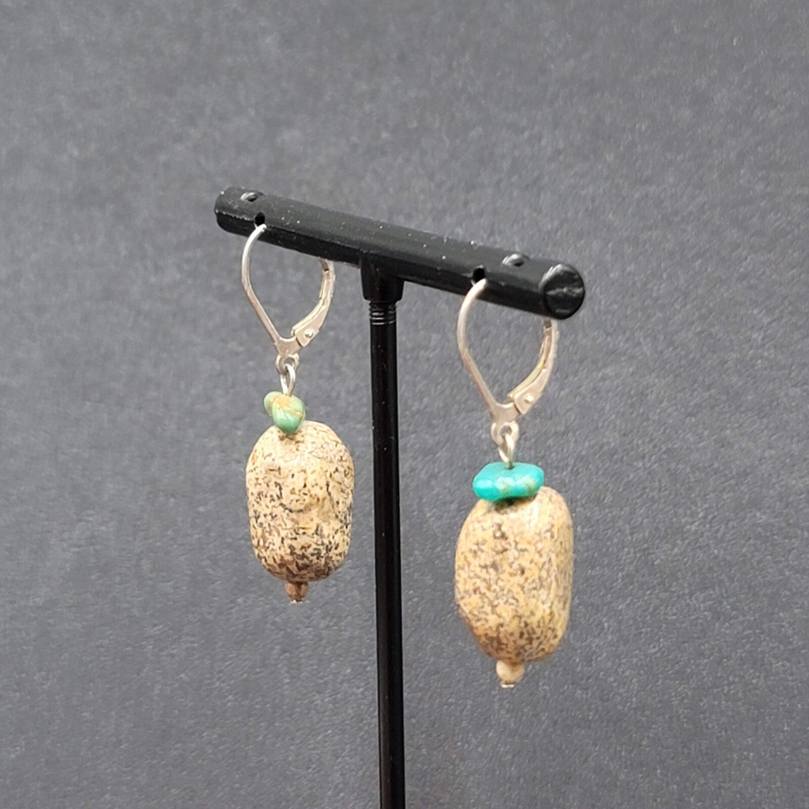 Pierced Earrings Turquoise Brown Speckled Stone Bead Dangle 1"