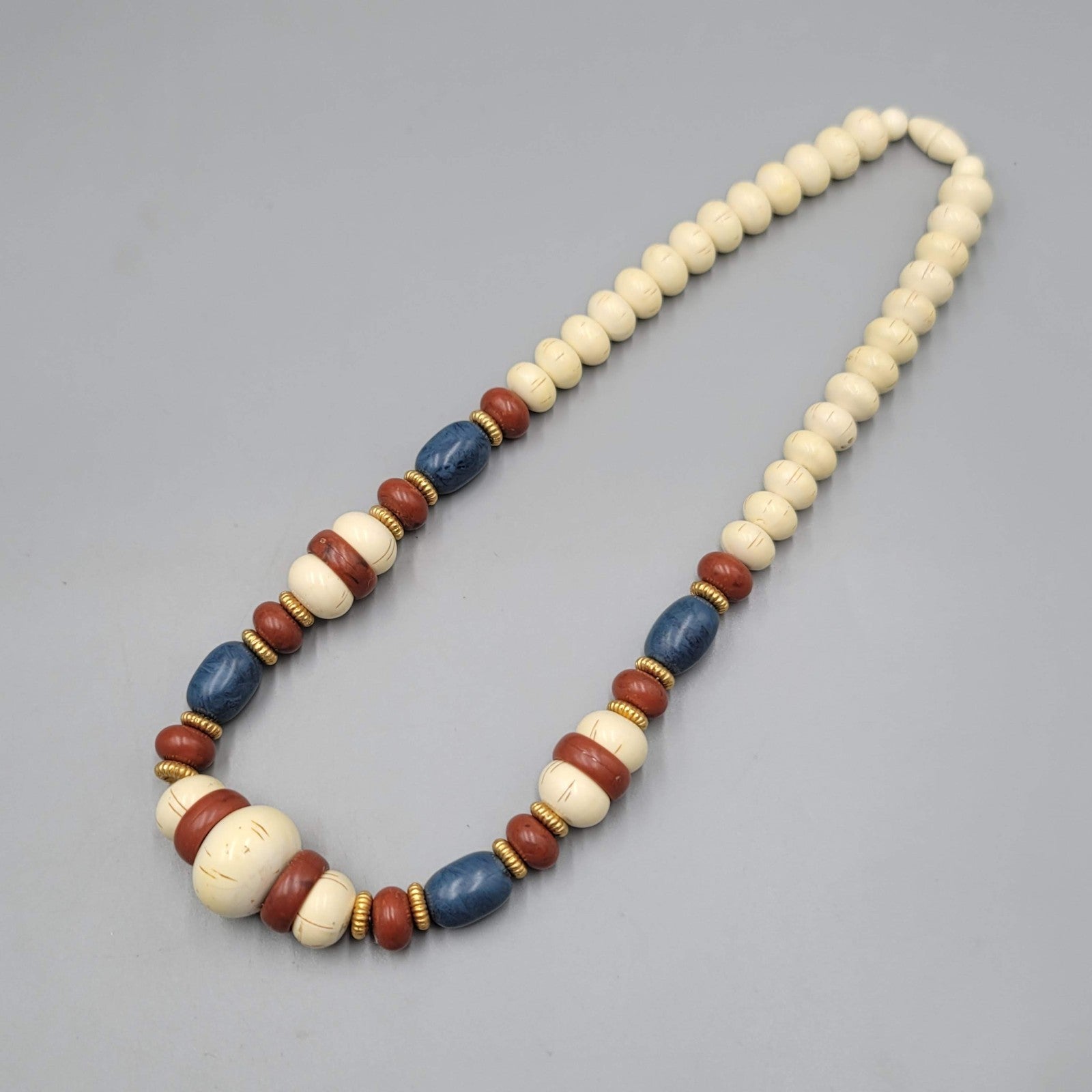 Vintage Beaded Necklace Hidden Clasp Beige Brown Blue Estate Costume Jewelry 20"