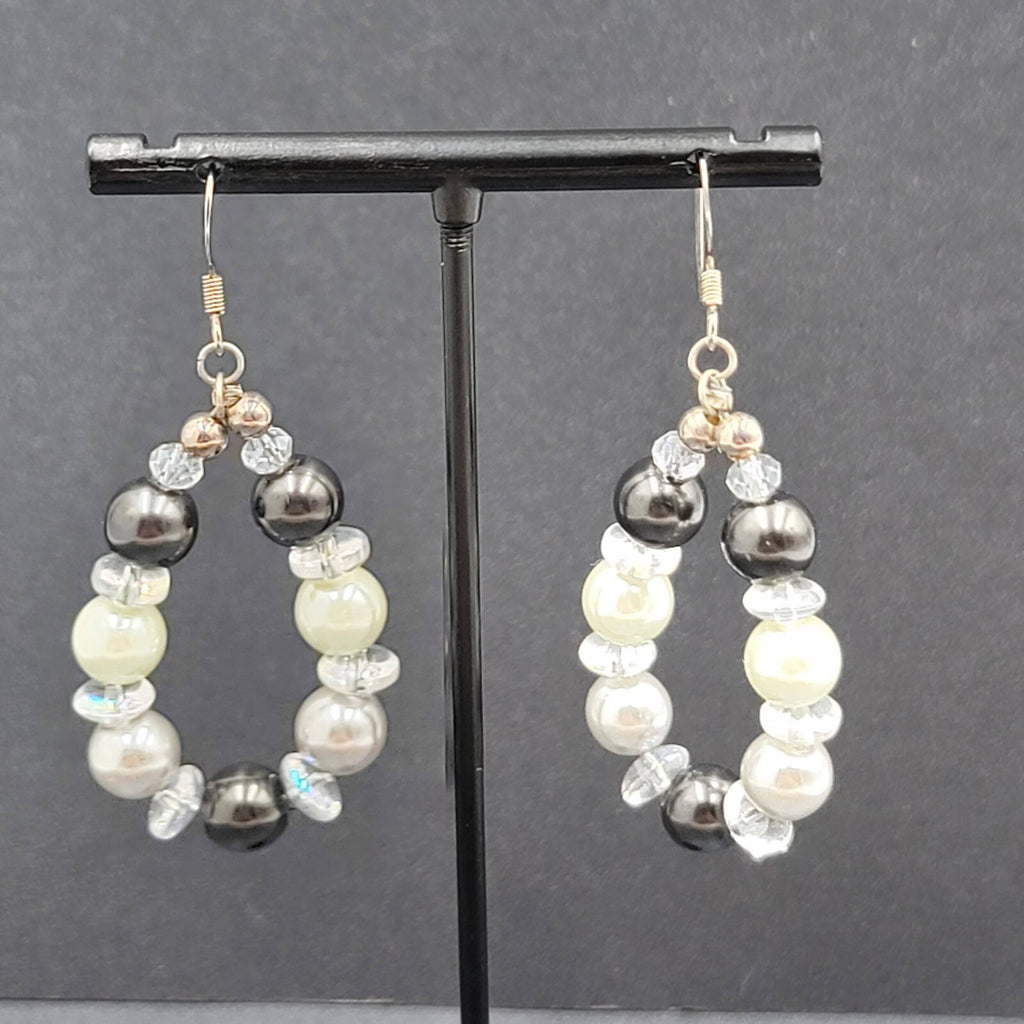 Pierced Earrings Black White Clear Beads Dangle Hoops Silver tone  1.75"