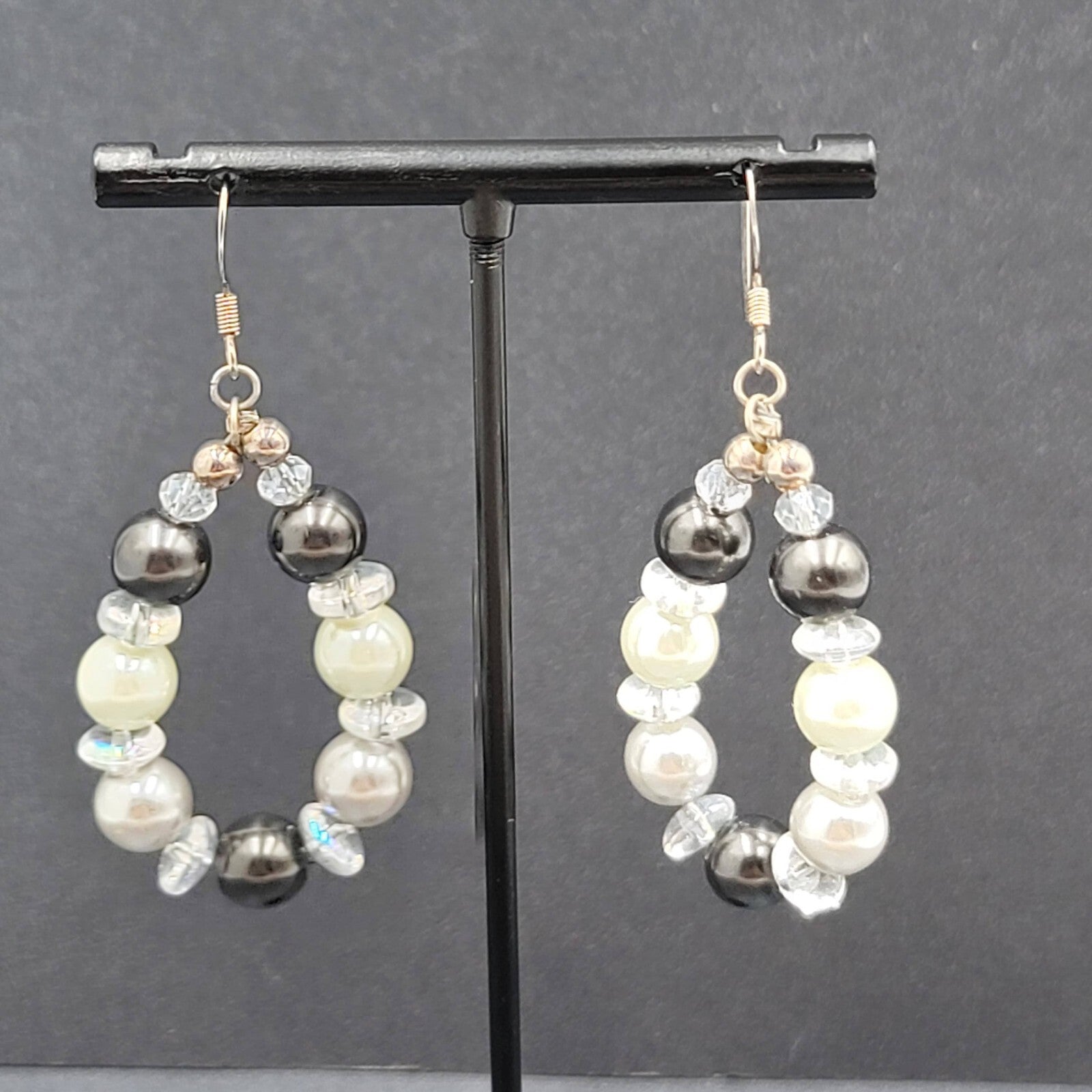 Pierced Earrings Black White Clear Beads Dangle Hoops Silver tone  1.75"
