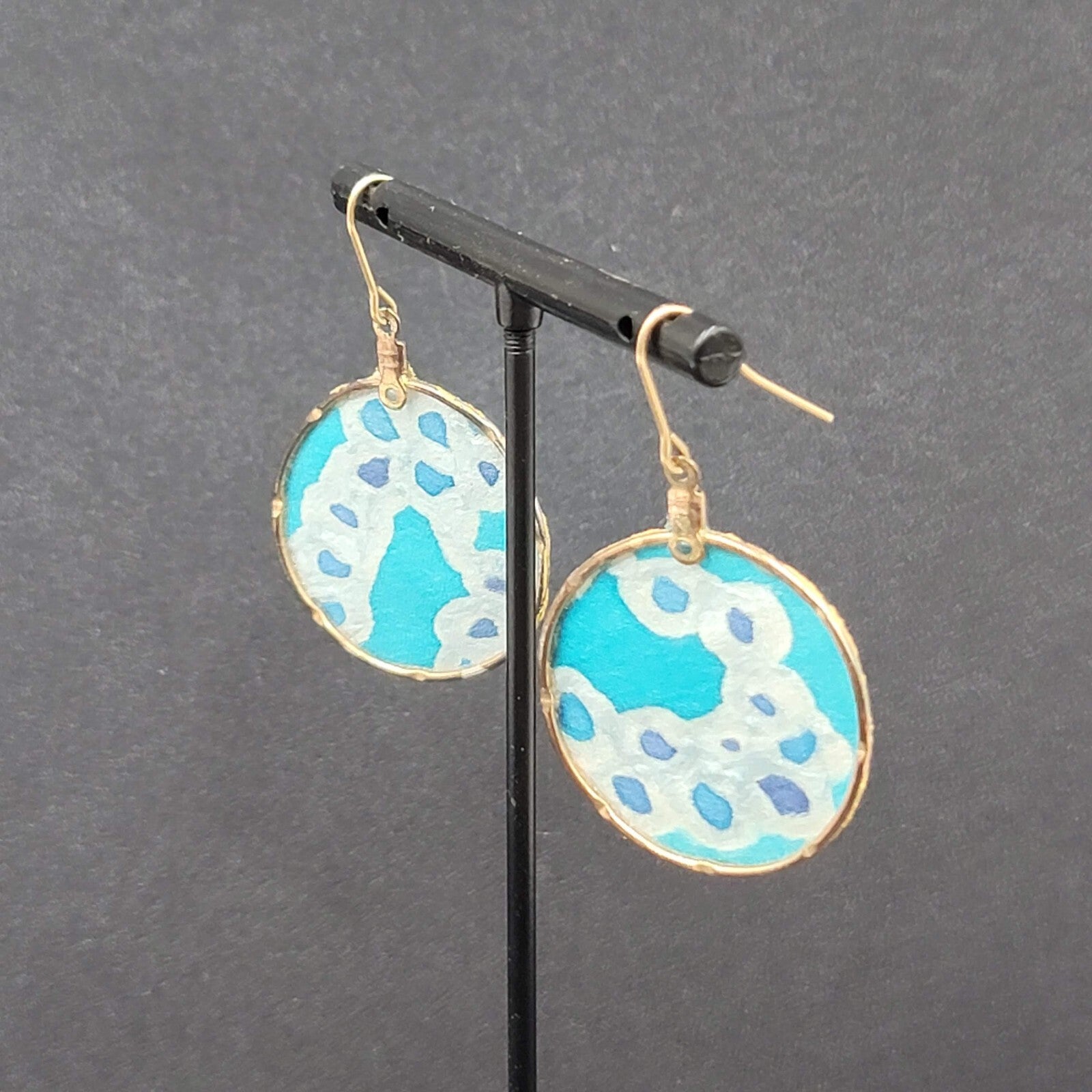 Pierced Earrings Hand Painted Silk Dangle Gold tone 1 3/8"