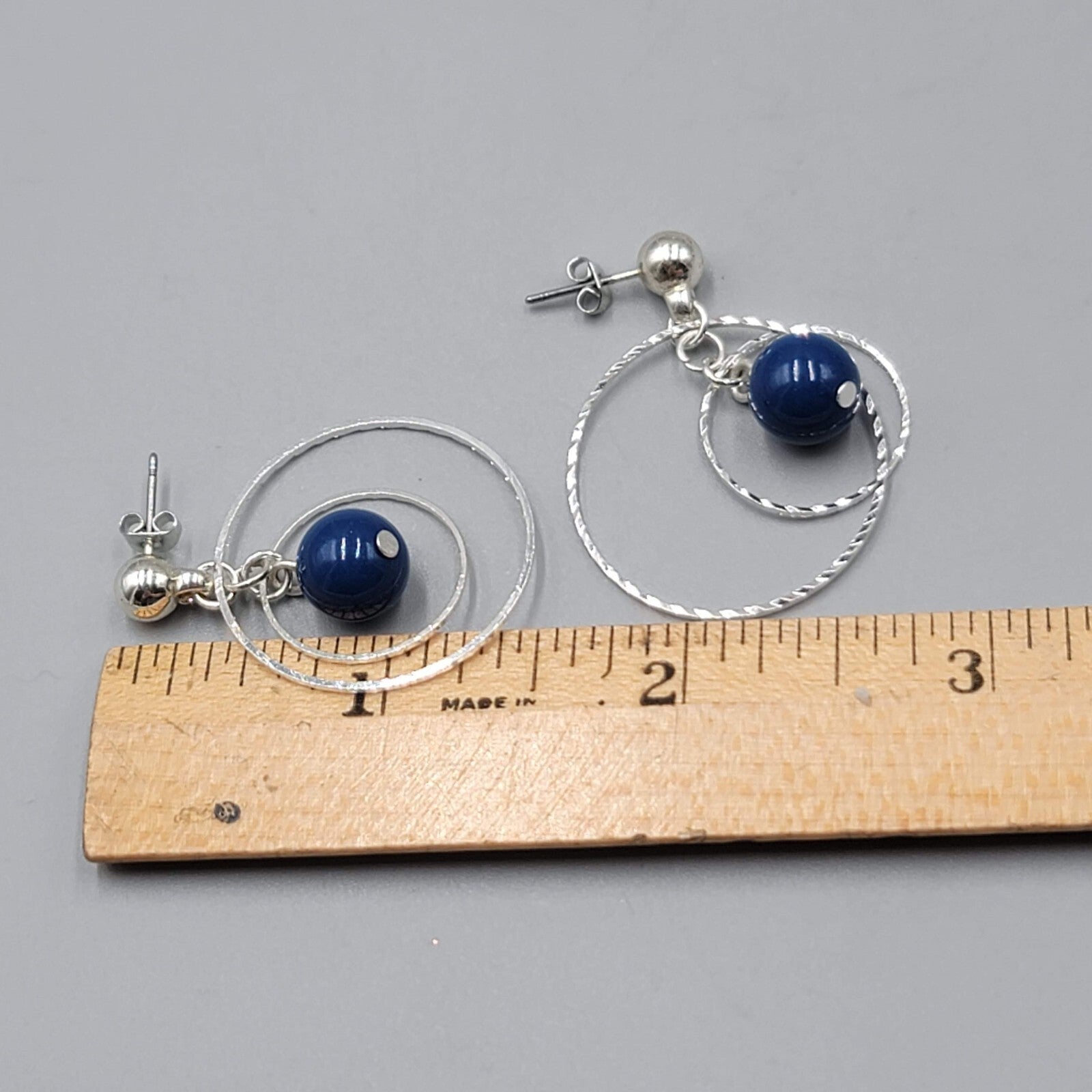 Dangle Circles Pierced Earrings Silver tone Blue Bead 1.25"