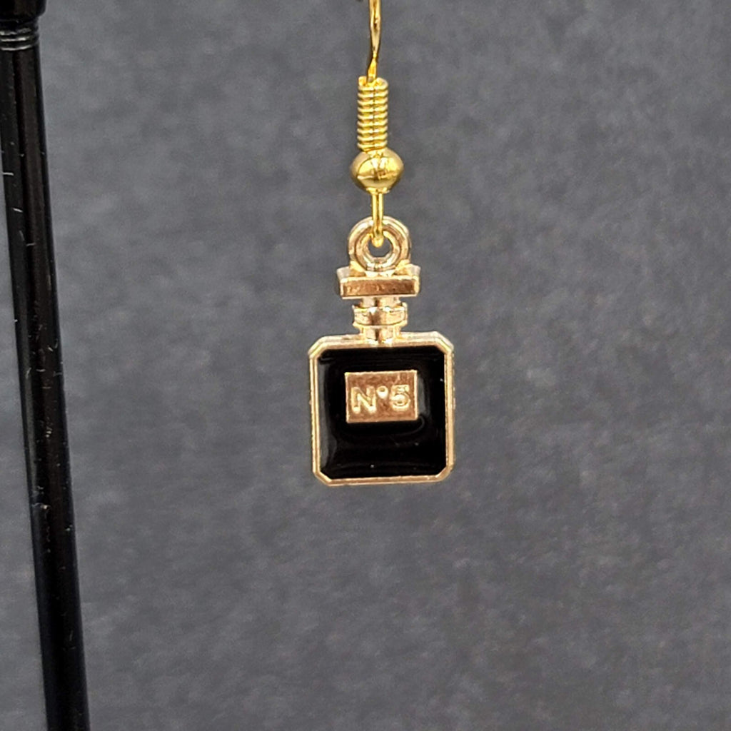 No 5 Perfume Pierced Earrings Gold tone Black Enamel Dangle 5/8"