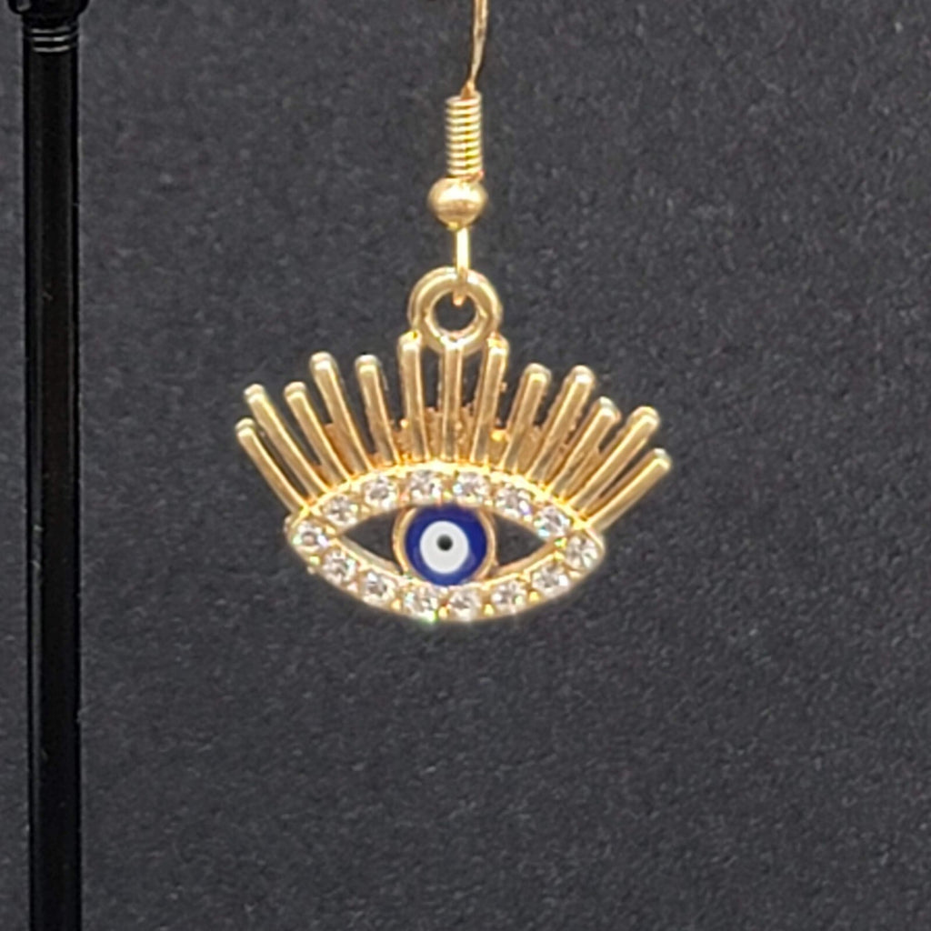 New Evil Eye Pierced Earrings Gold tone Enamel Dangle Eyelashes 5/8"
