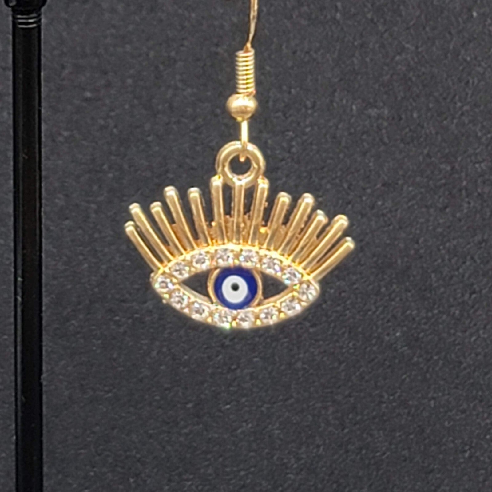 New Evil Eye Pierced Earrings Gold tone Enamel Dangle Eyelashes 5/8"