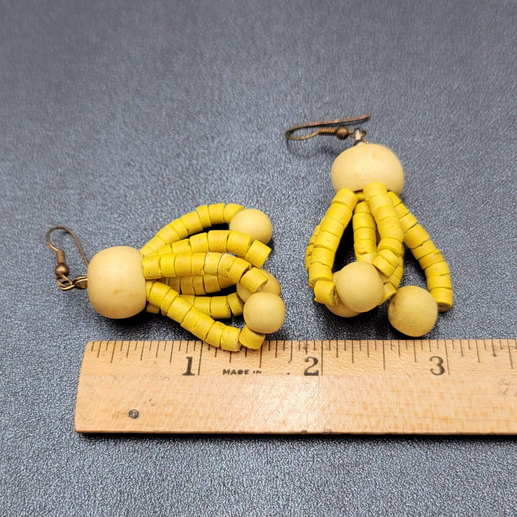 Vintage Pierced Earrings Wood Yellow Bead Dangle 1.75"