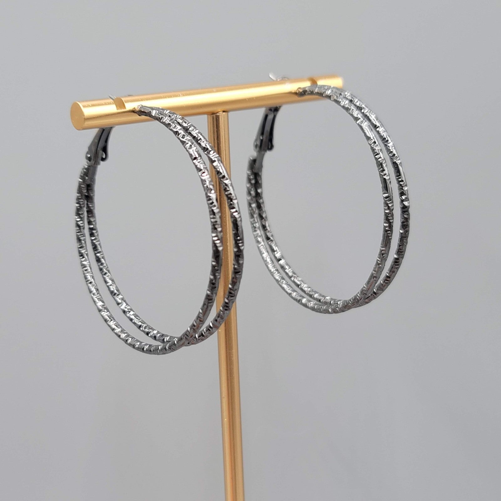 Double Hoop Pierced Earrings Black Textured Metal 1.75 in