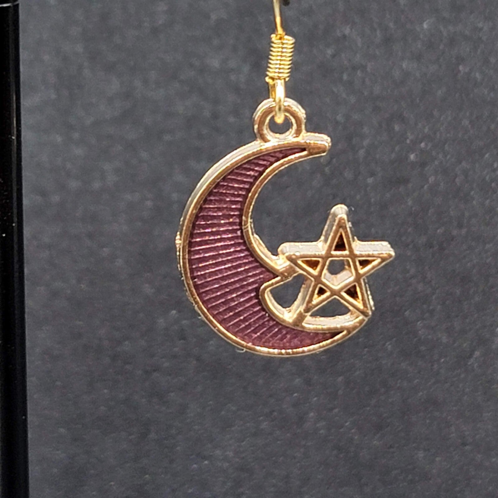 New Moon Star Pierced Earrings Gold tone Purple Enamel Dangle 3/4"