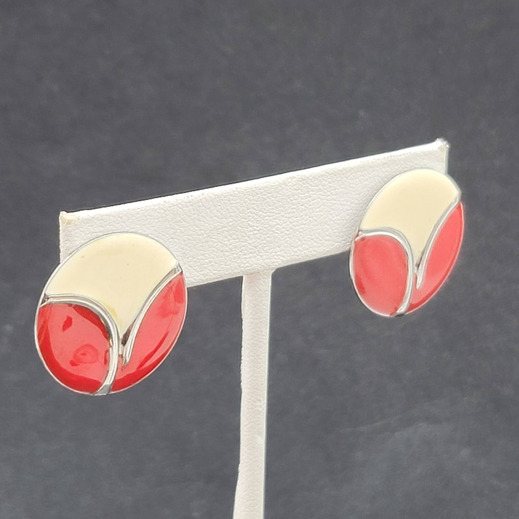 Vintage Pierced Earrings Silver tone White Red Enamel Disc Studs 7/8"