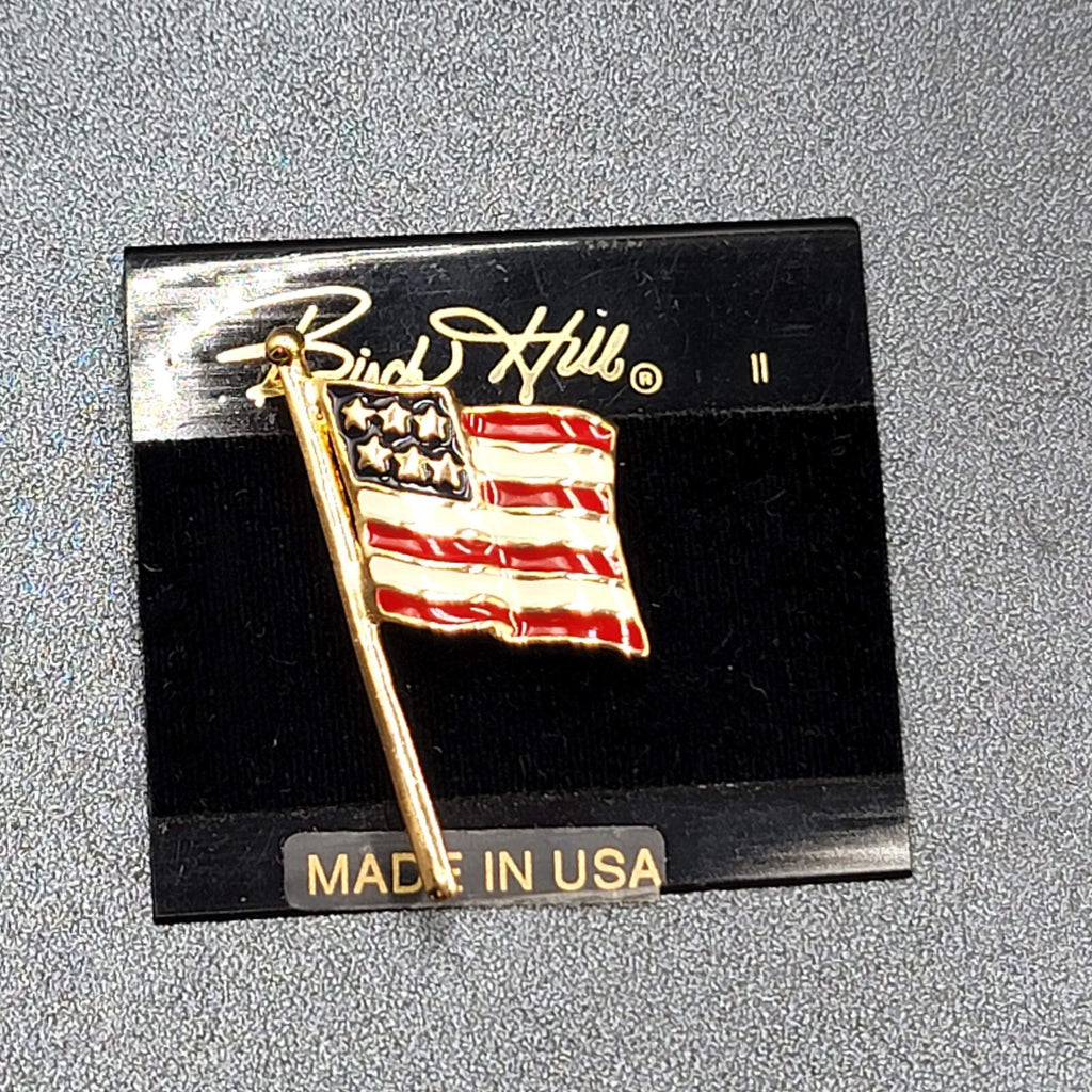 New Signed Birch Hill Brooch American Flag Enamel Gold Tone Pin Patriotic 2 in