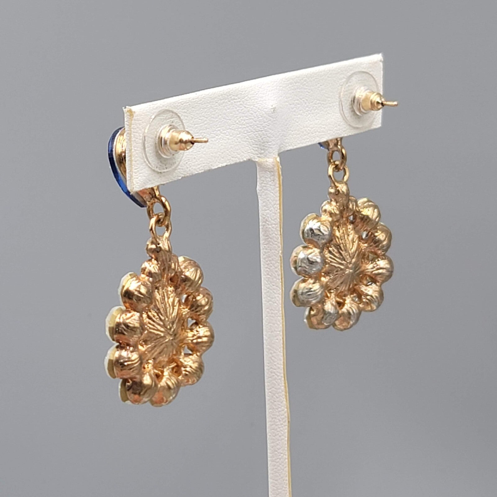 Blue Teardrop Glass Pierced Earrings Gold tone Dangle 2"