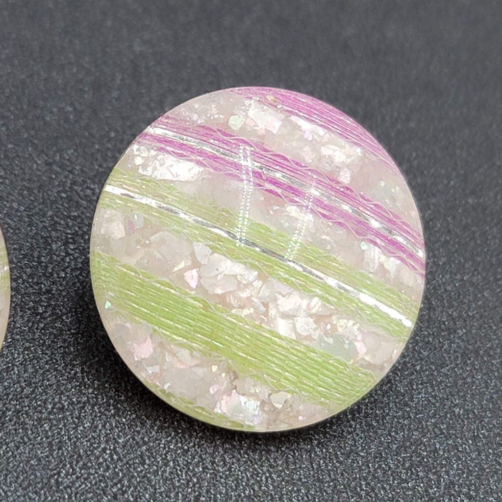 Vintage Clip on Earrings Purple Green White Lucite Round Button Studs 1"