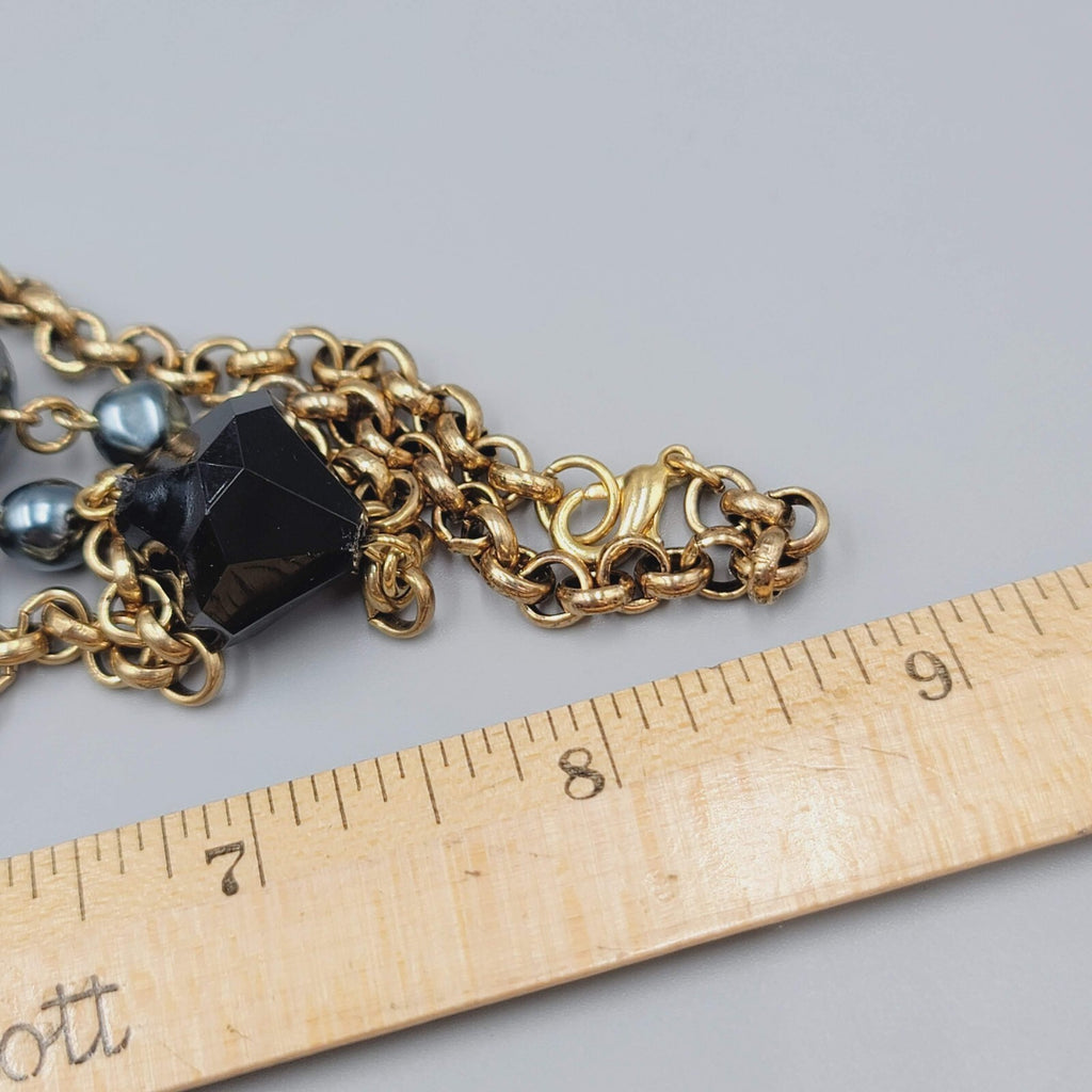 Long Rolo Chain Necklace Gold tone Black and Metallic Blue Beads 44"