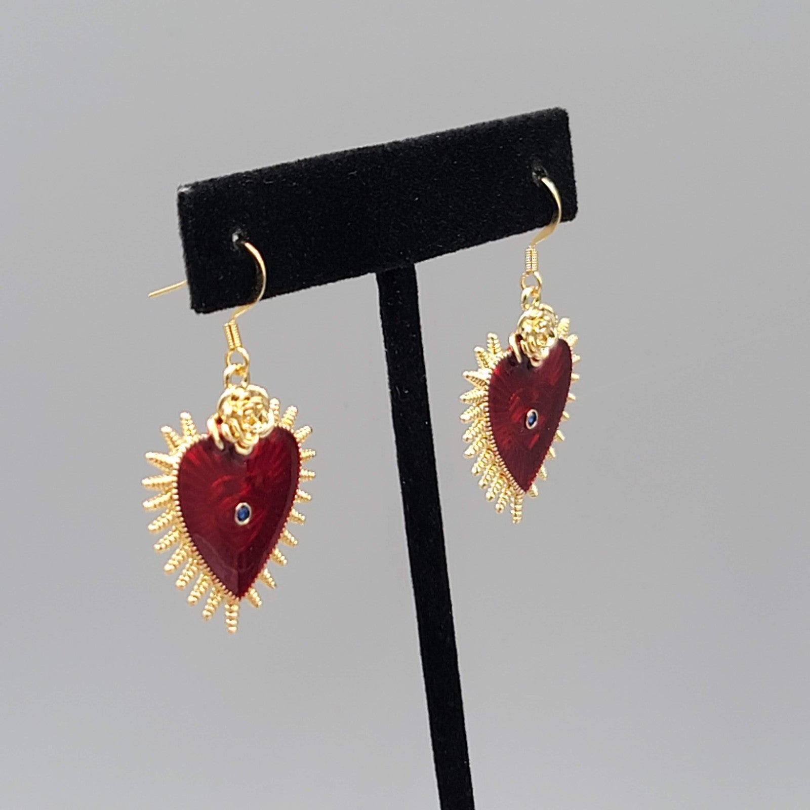 Evil Eye Red Guilloche Enamel Pierced Earrings Gold tone Dangle 1 1/8"