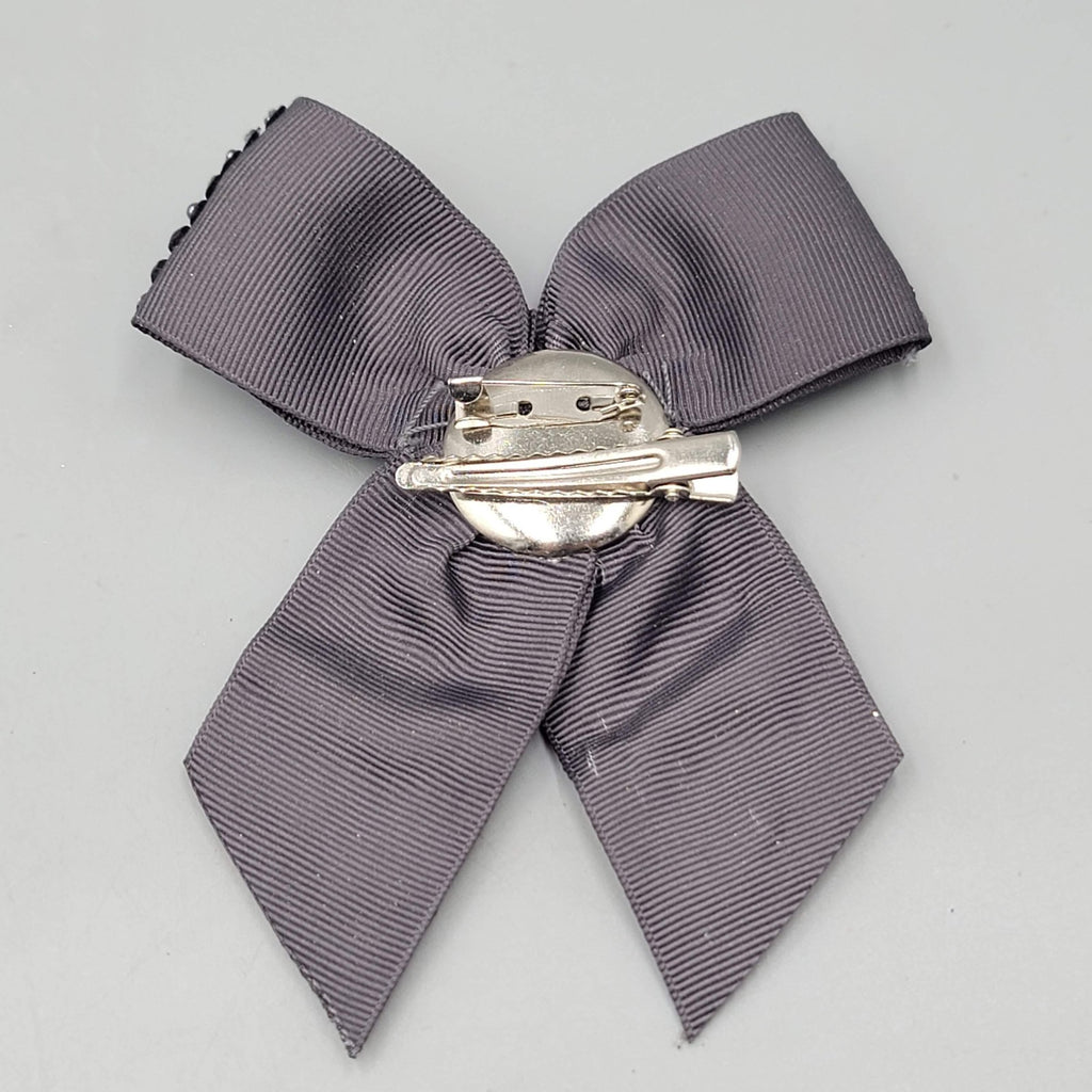 Beaded Bow Brooch Hair Clip Gray Ribbon Rhinestone Crystal Accent Pin 5 Inch