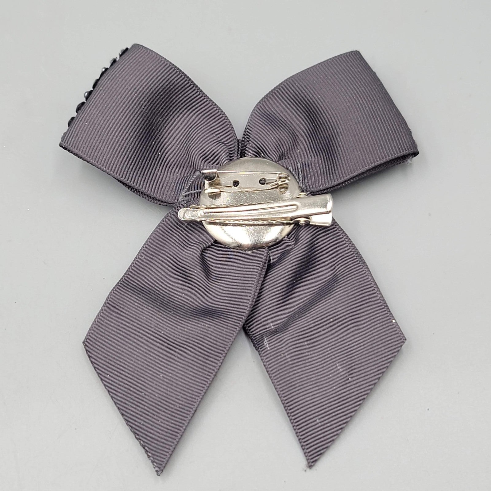 Beaded Bow Brooch Hair Clip Gray Ribbon Rhinestone Crystal Accent Pin 5 Inch