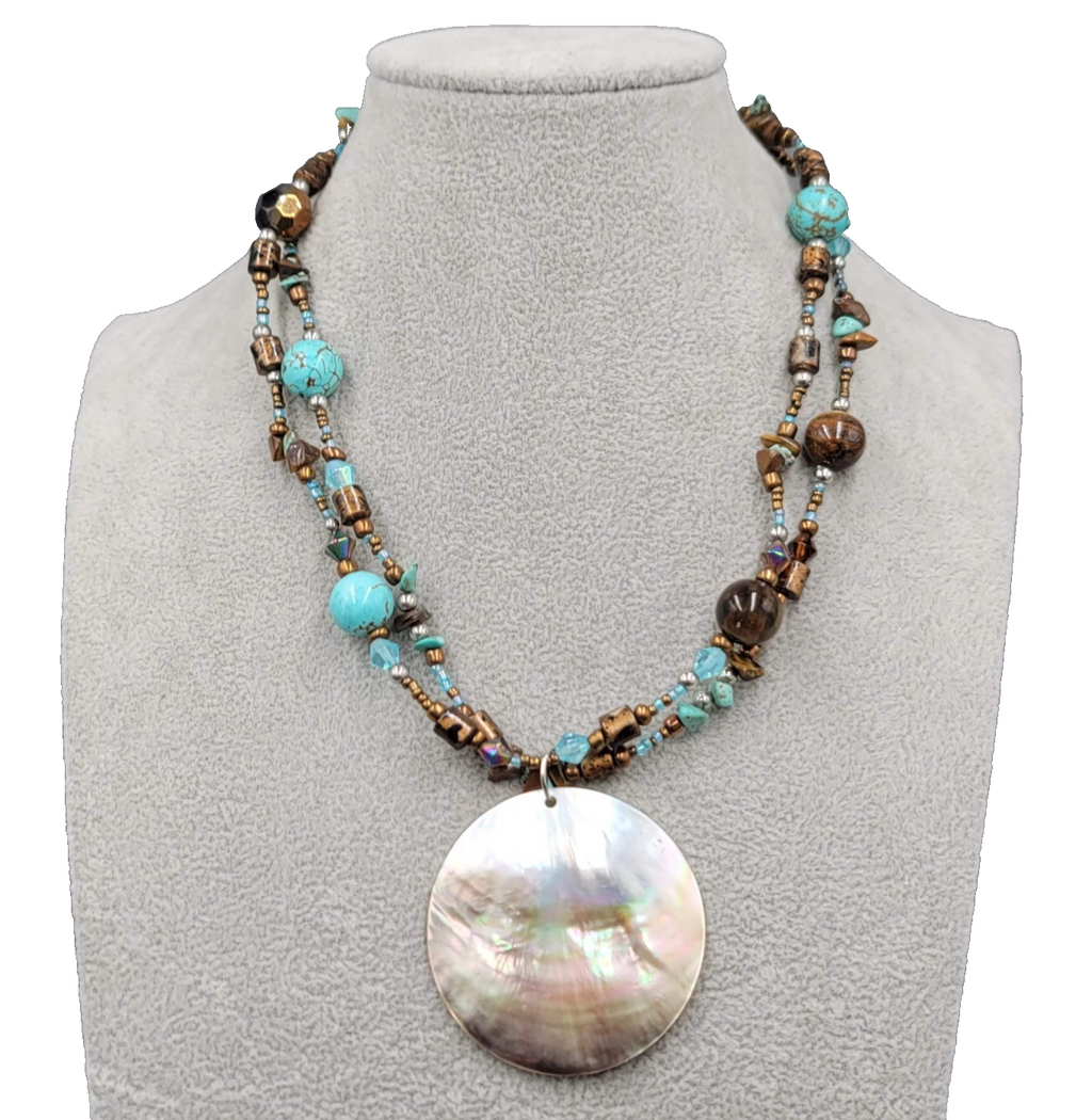 Real Shell Pendant Necklace Tigers Eye Blue Howlite Glass Bead 16"-20"