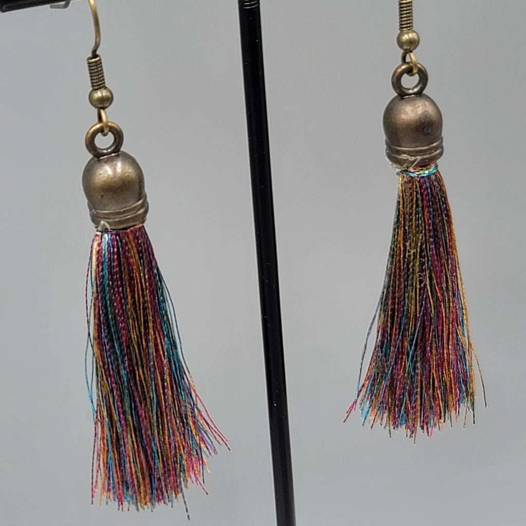 Tassel Pierced Earrings Bronze tone Multicolor Dangle 2"