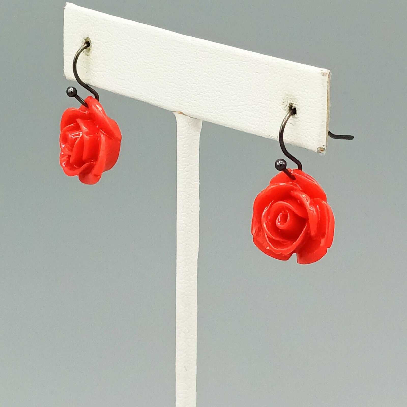 Pierced Earrings Red Acrylic Carved Rose Flower Dangle 5/8"