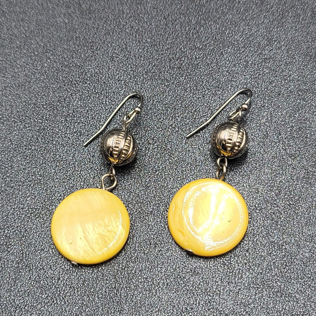 Pierced Earrings Silver tone Yellow Shell Round Bead 1.5"
