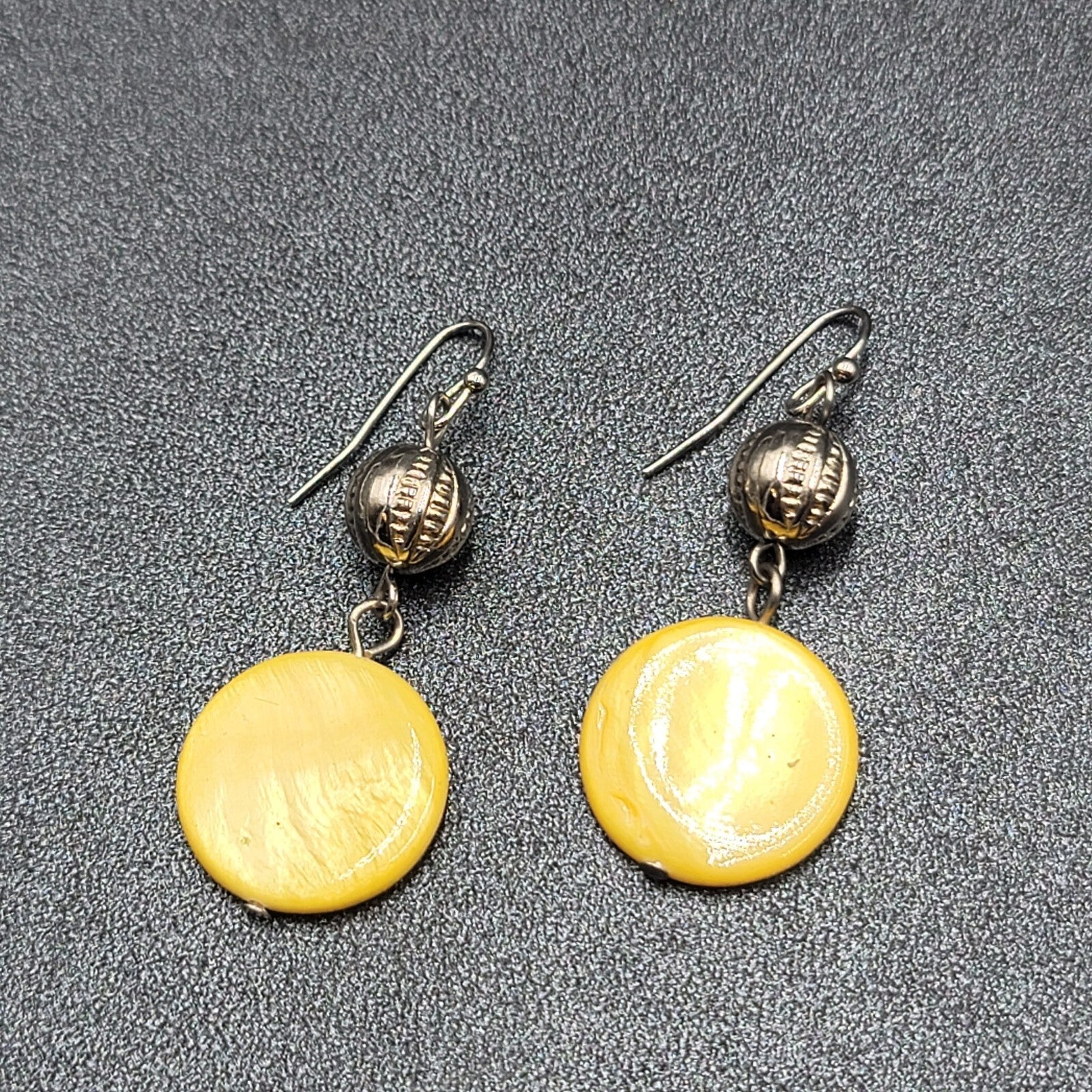 Pierced Earrings Silver tone Yellow Shell Round Bead 1.5"