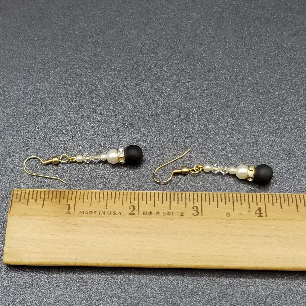 Pierced Earrings Gold tone Crystal Faux Pearl Black Beaded Dangle 1 1/8"
