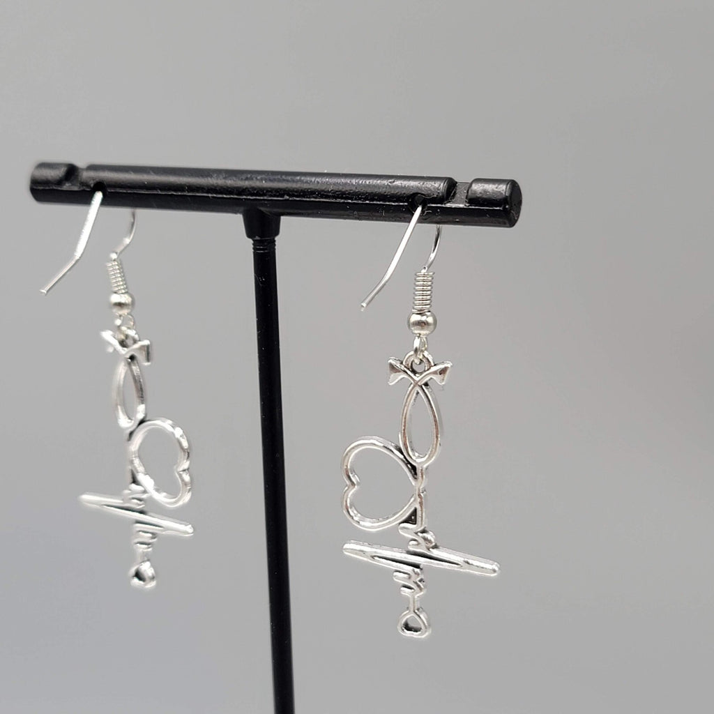 Medical Nurse Pierced Earrings Heart EKG ECG Silver tone Dangle 1.25"