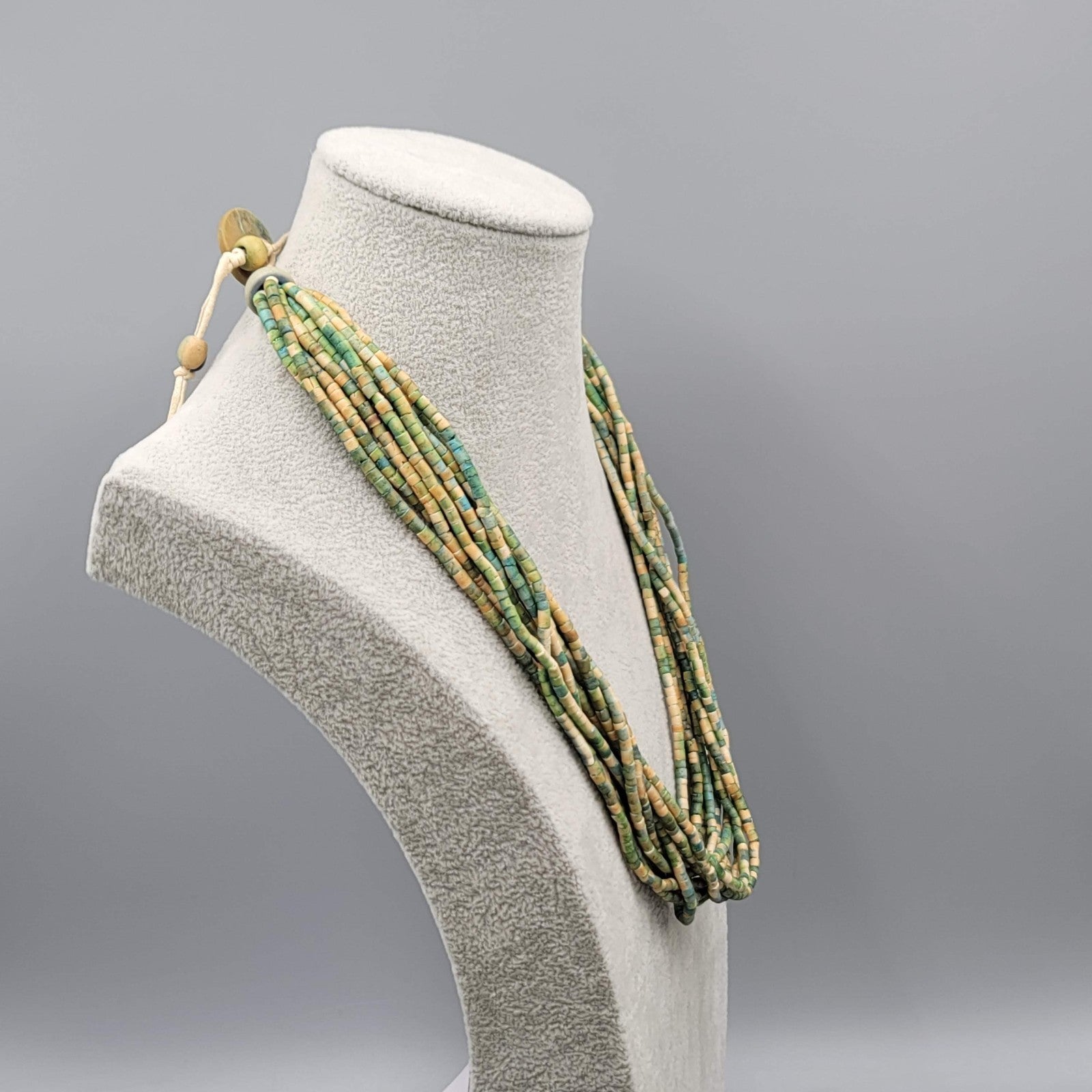 Multistrand Green Tan Bead Necklace Coconut Button Closure Adj 18"-20"