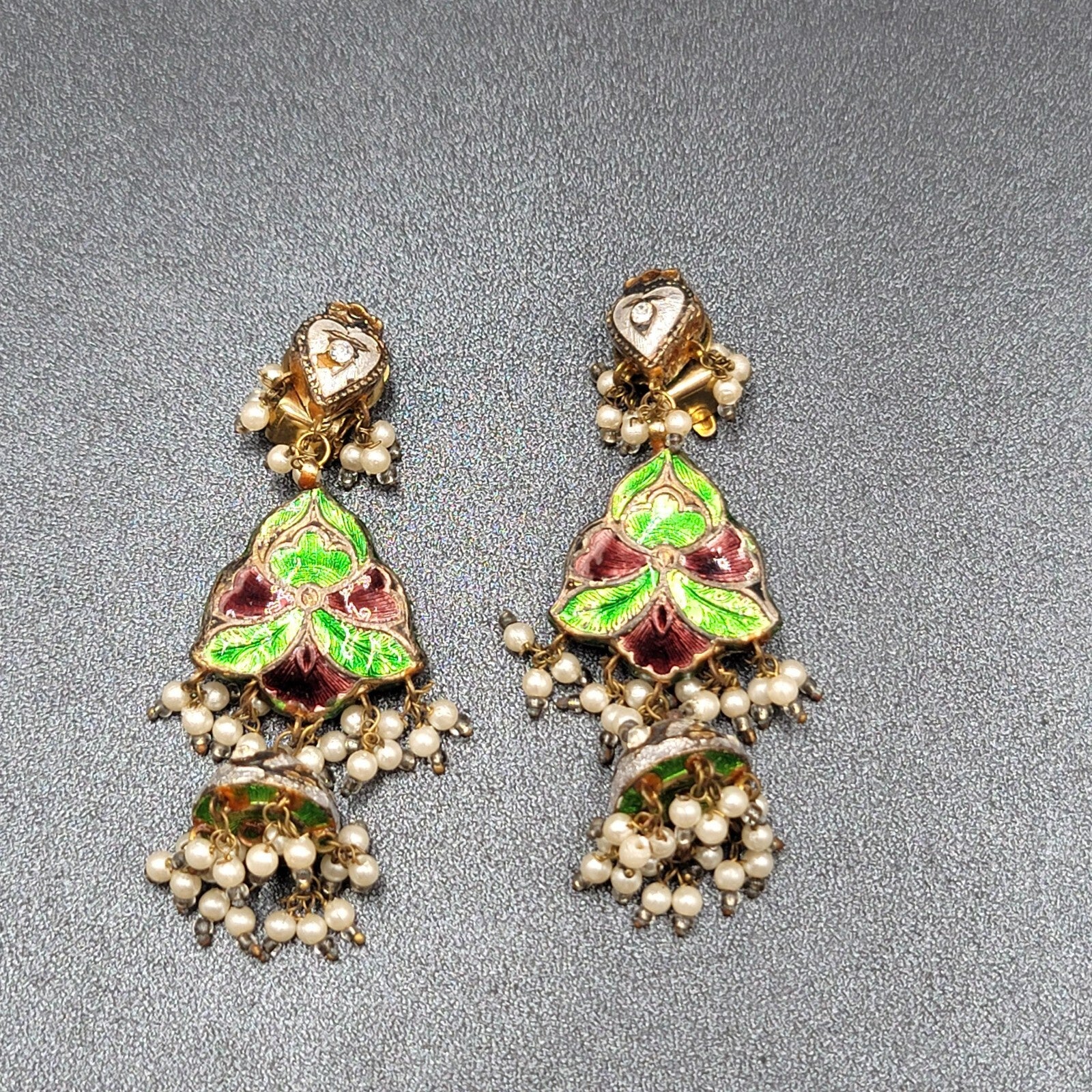 Clip on Earrings Large Enamel Guilloche Beaded Chandelier India Jewelry 2.75"