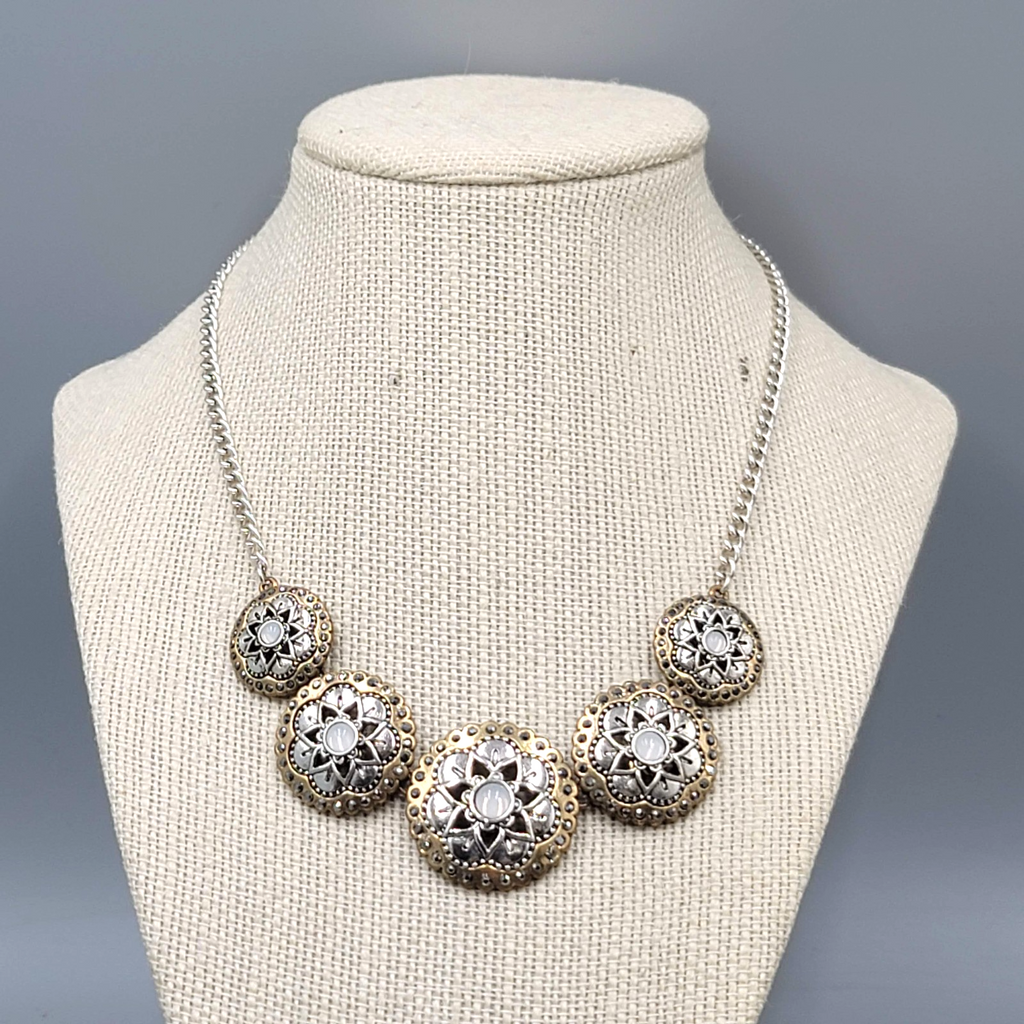 Disc Statement Necklace Two Toned Metals 16"-18"