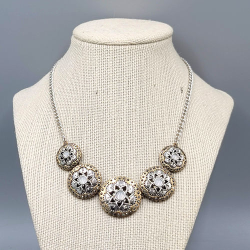 Disc Statement Necklace Two Toned Metals 16"-18"