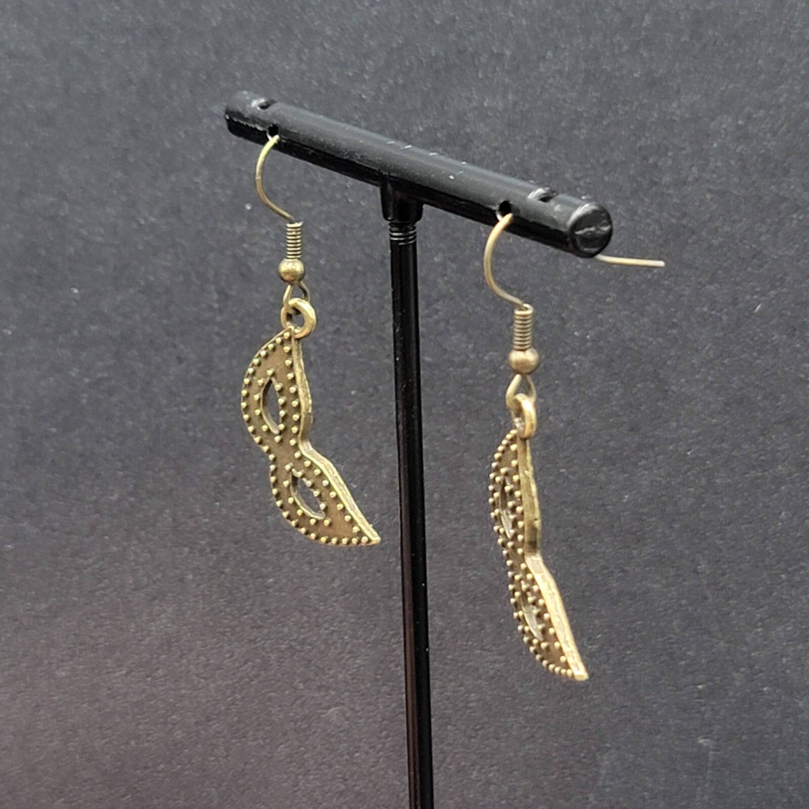 Masquerade Mask Pierced Earrings Bronze tone Metal Embossed Dots Dangle  1"