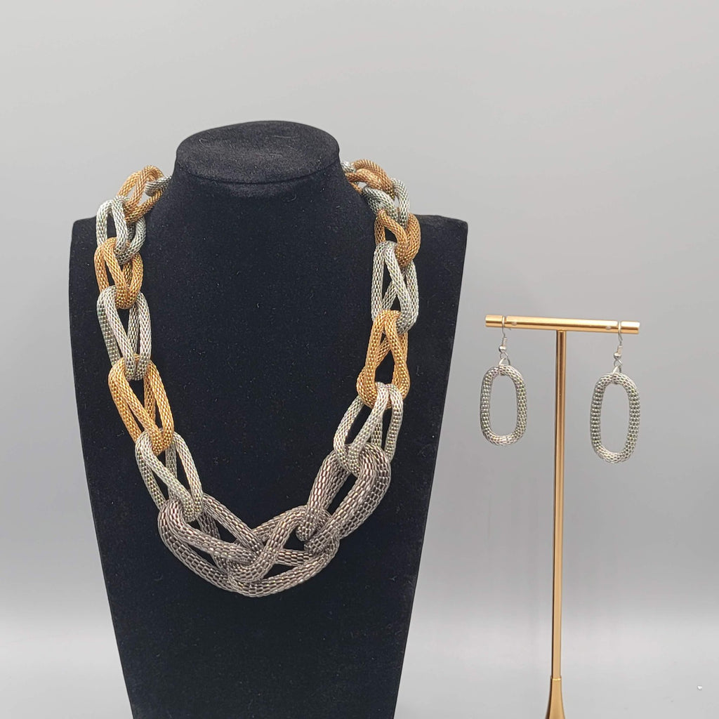 Vintage Mesh Loop Statement Necklace Earrings Set Gold and Silver tones 18"